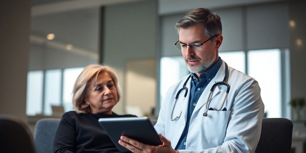 Doctor and patient engaging with a digital tablet.