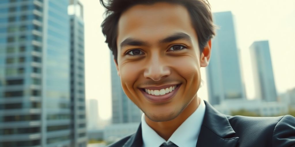 Professional standing, smiling, with a city skyline background.