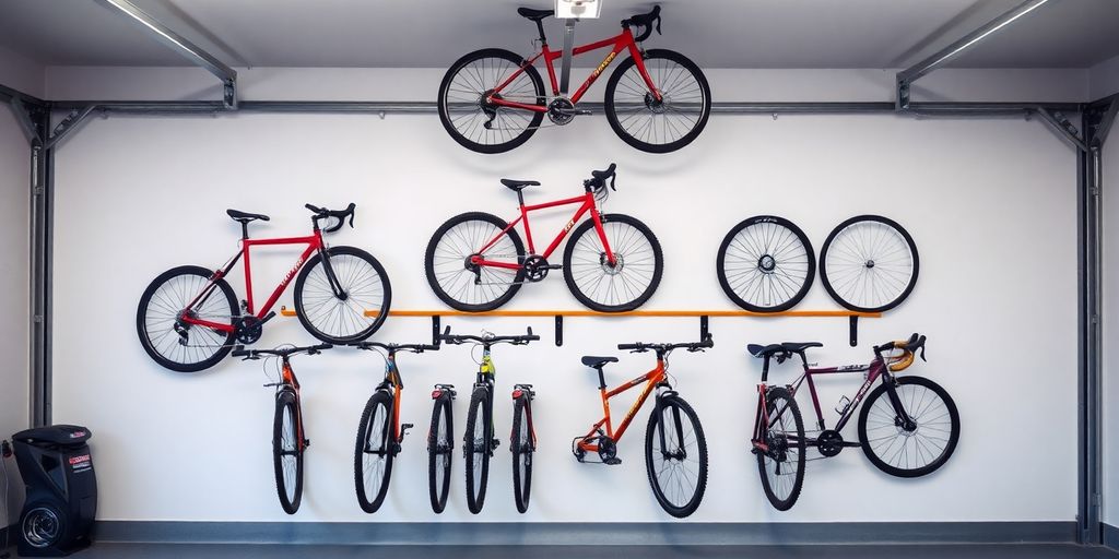 Wall-mounted mountain bike rack with organized bikes in garage.