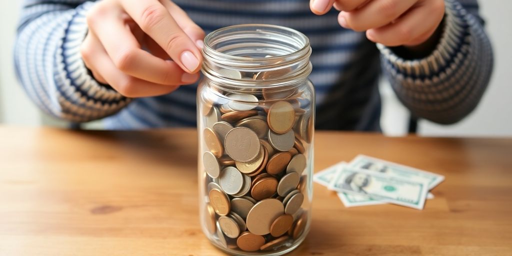 Hands counting coins in a jar for savings.
