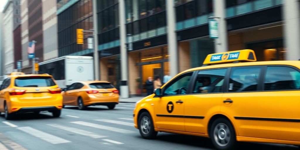 Yellow cab in a busy city street during corporate travel.