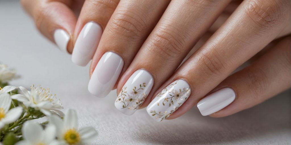 Hand with white gel nails and floral designs