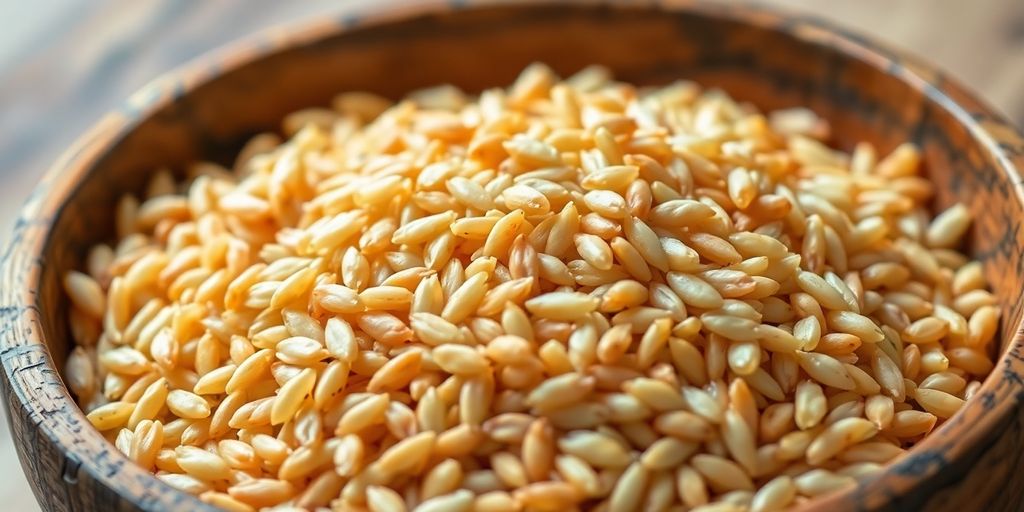 Bowl of brown rice with scattered grains.
