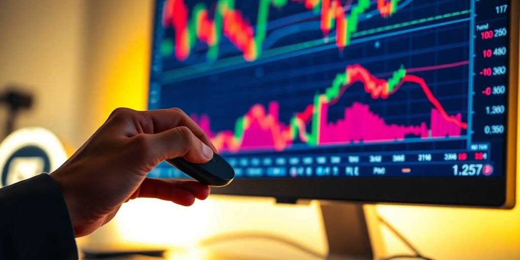 Bright screen, stock charts, hand holding mouse.