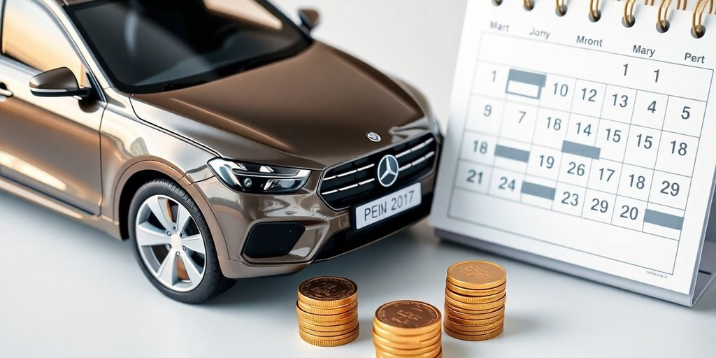 Coche con símbolo de dinero y calendario.