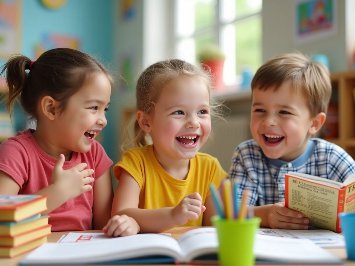 Copii discutând știri într-un mod vesel și interactiv.