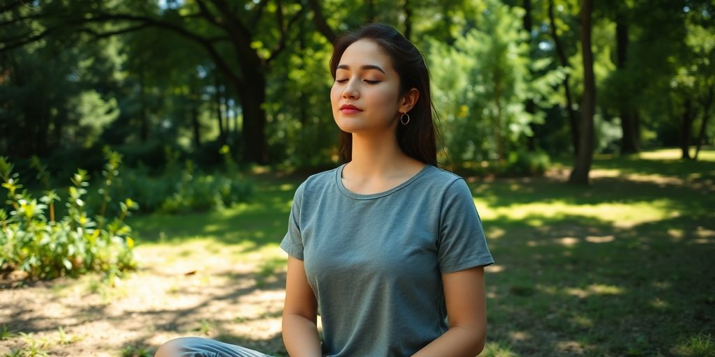 Person meditating peacefully in a calm, natural setting.