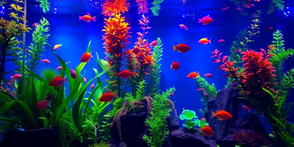 Colorful aquarium with fish and bright LED lights.