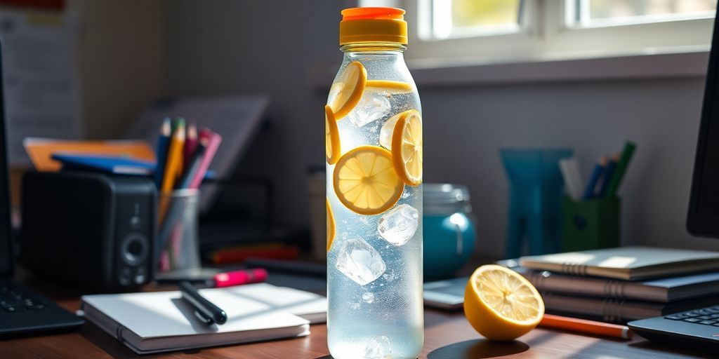 Colorful water bottle with lemon slices on a desk.