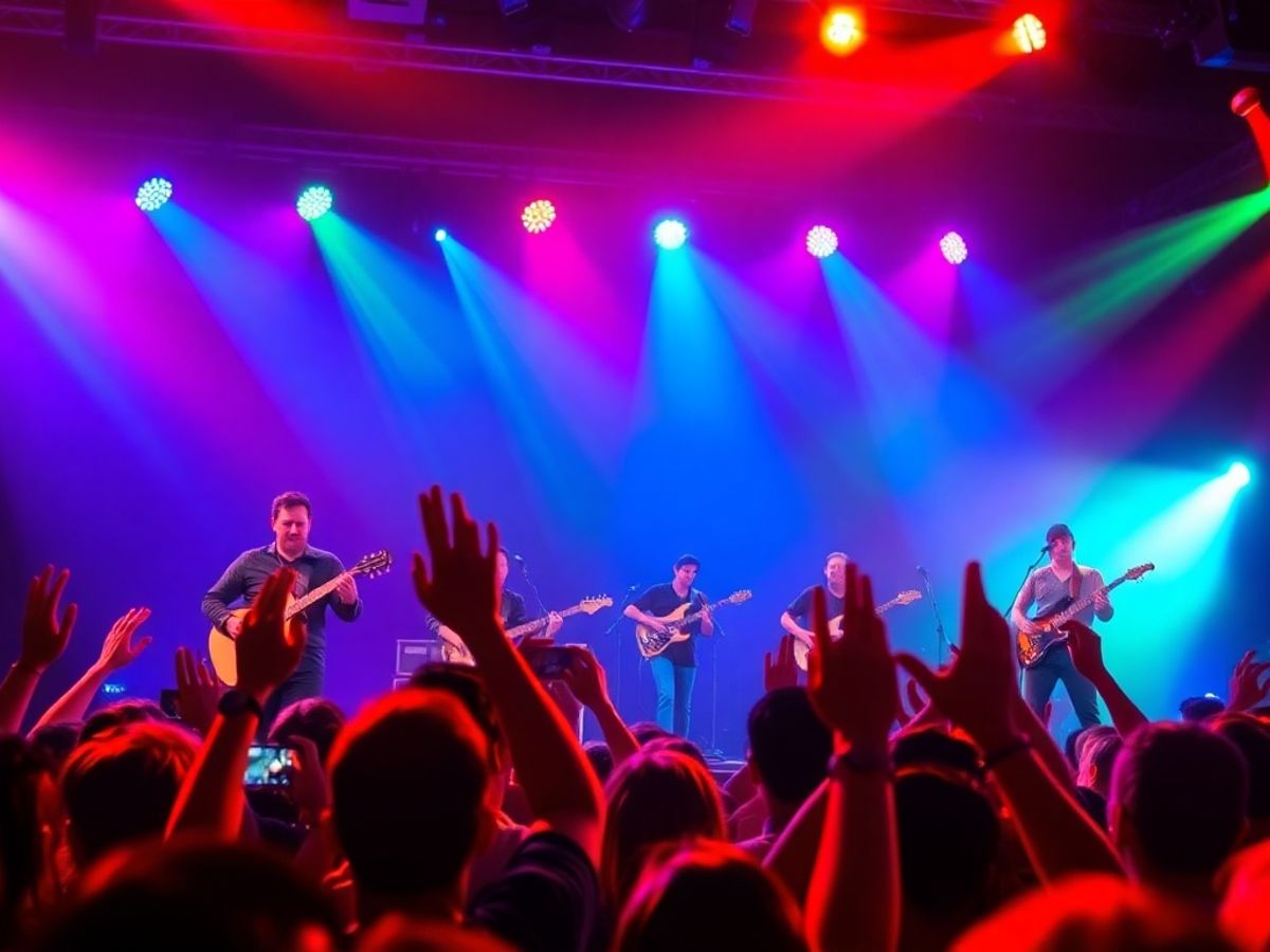 Musicians performing live with colorful stage lights.