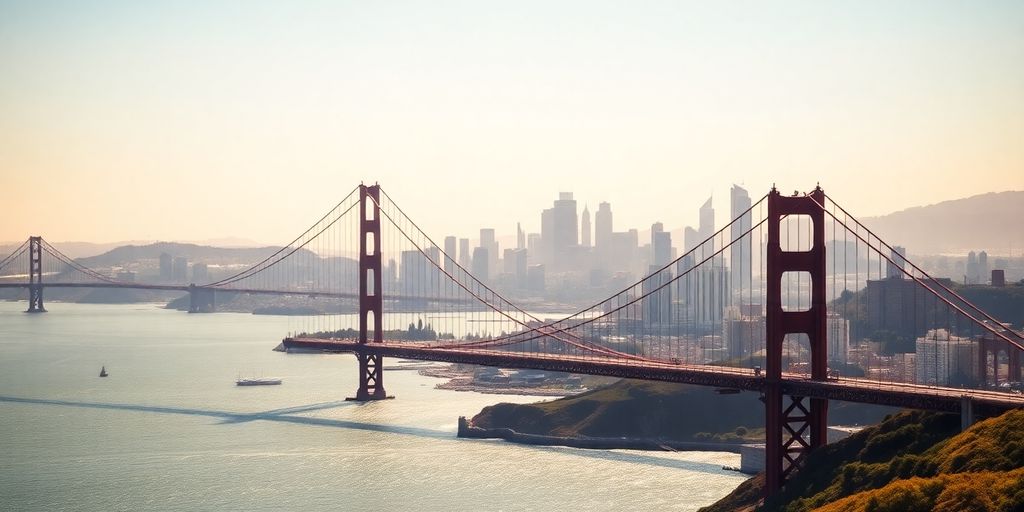 Golden Gate Bridge and city skyline.