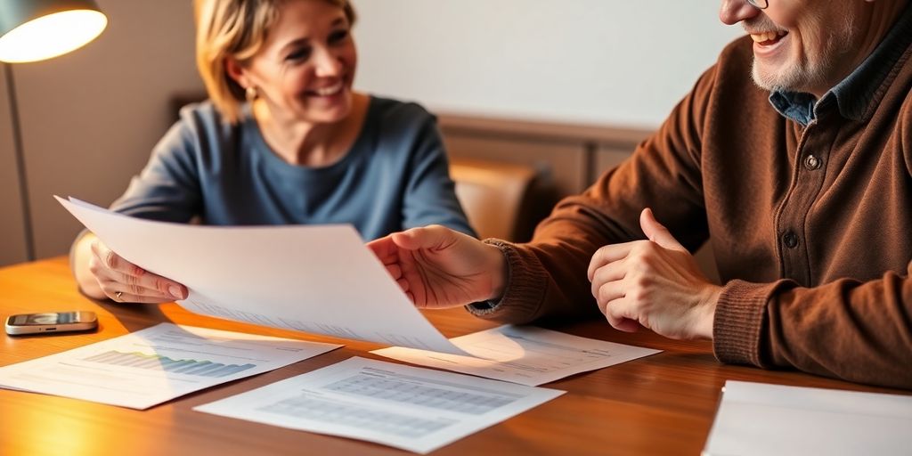 Couple reviewing financial documents together, smiling.