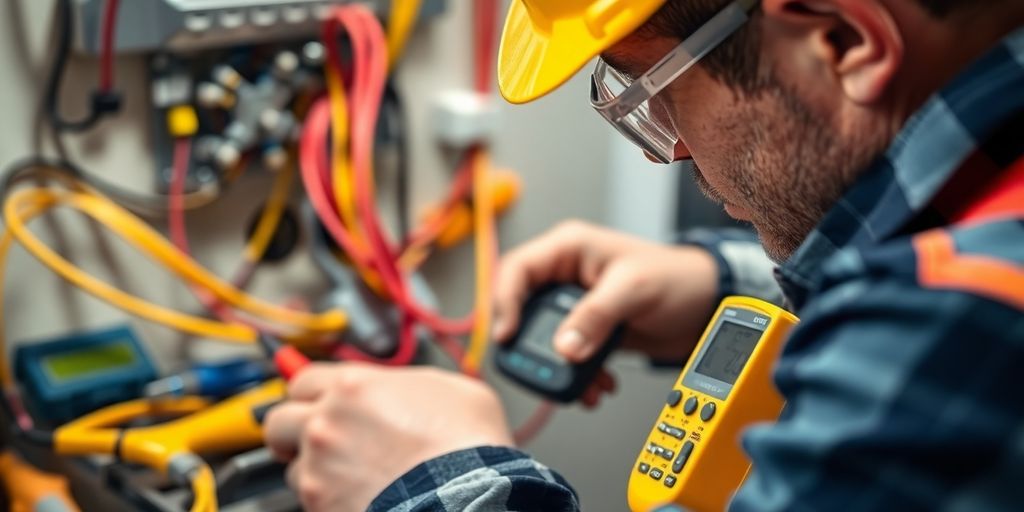 Electrician fixing wiring with tools in a home setting.