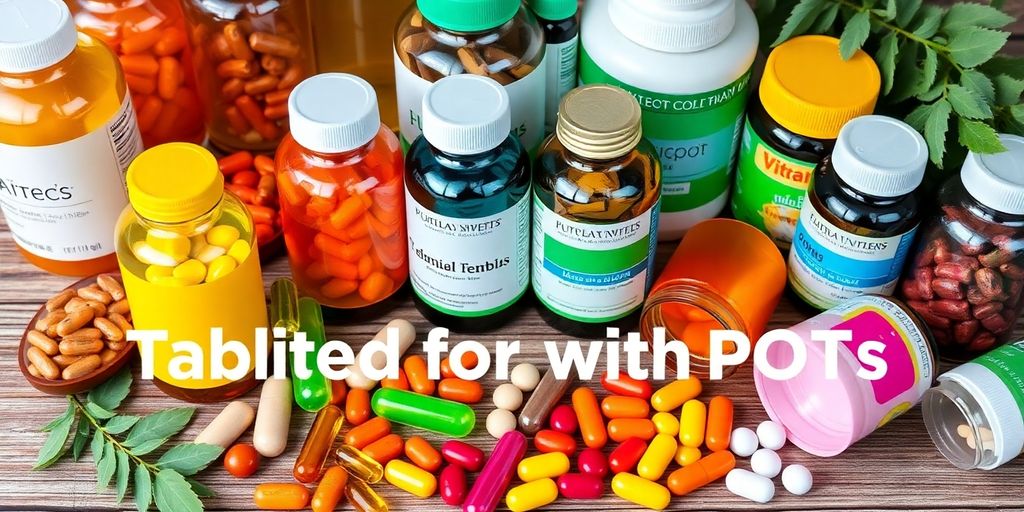 Colorful vitamins and supplements for POTS health.