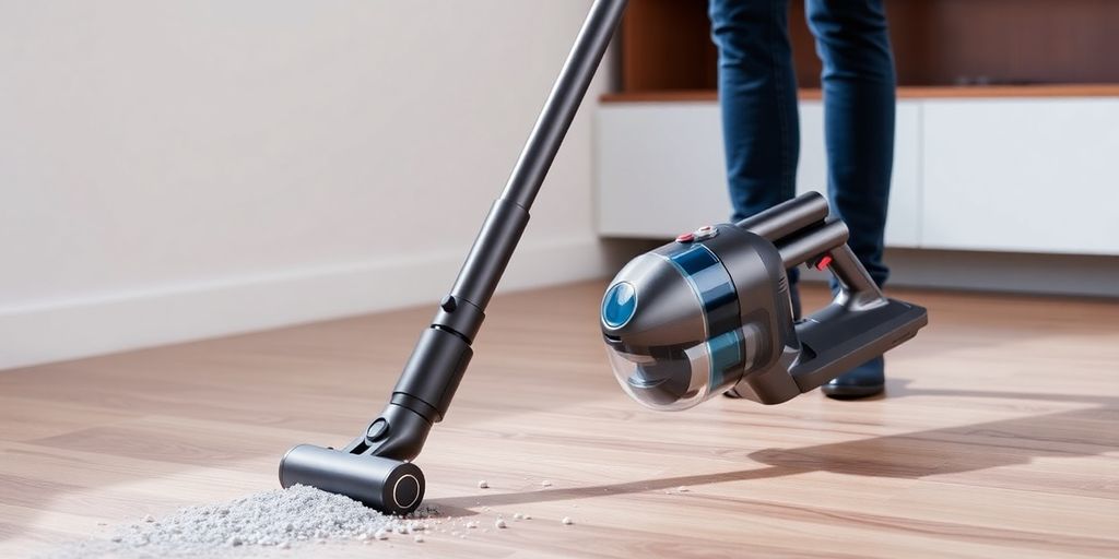 Moderner kabelloser Staubsauger auf einem Holzfußboden.