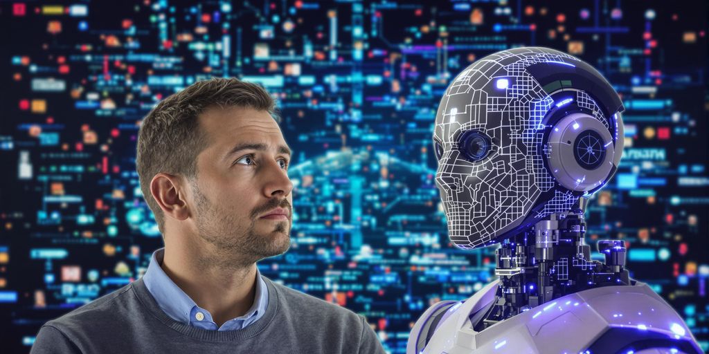 Human and robot looking confused in digital landscape.