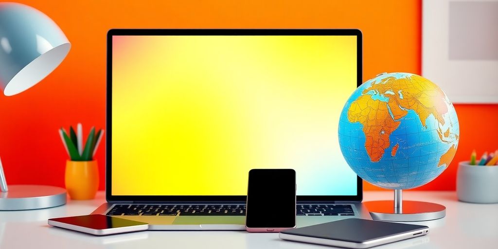 Modern workspace with digital devices and a globe.