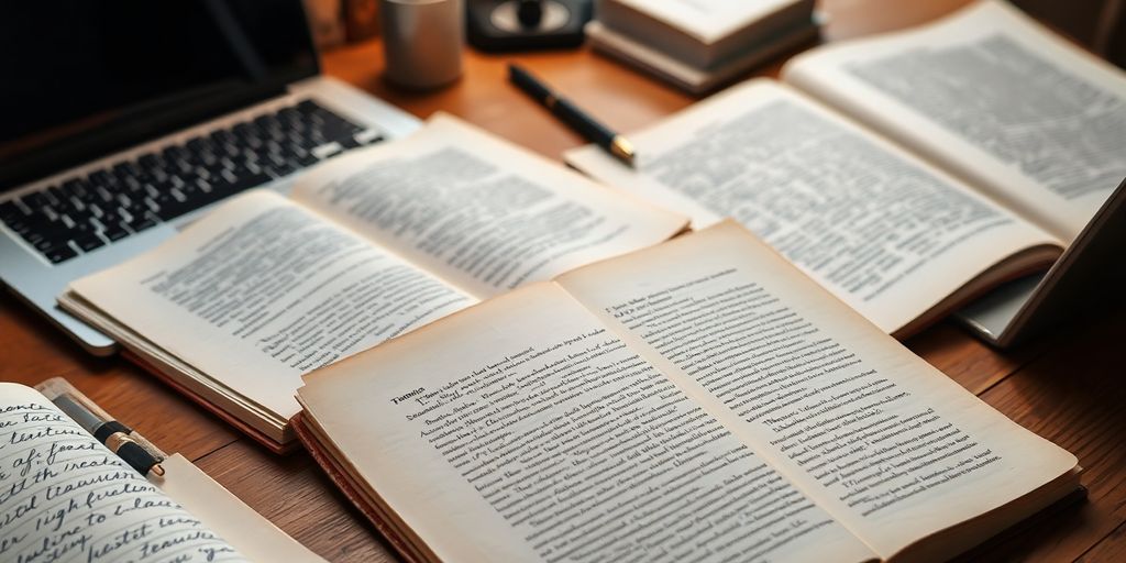 Espacio de trabajo de un traductor con libros y notas.