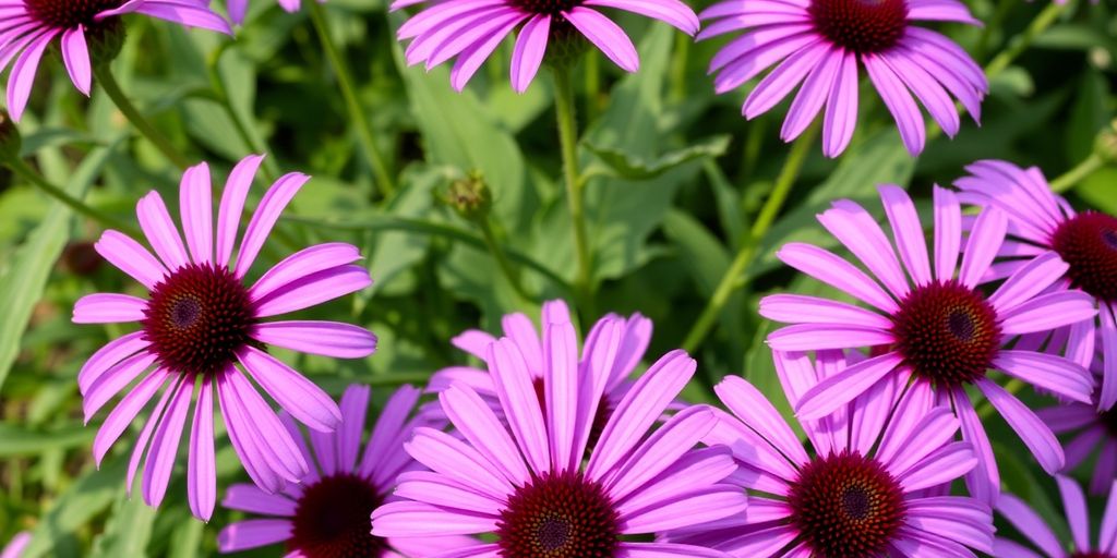 Close-up of purple echinacea flowers with green stems.