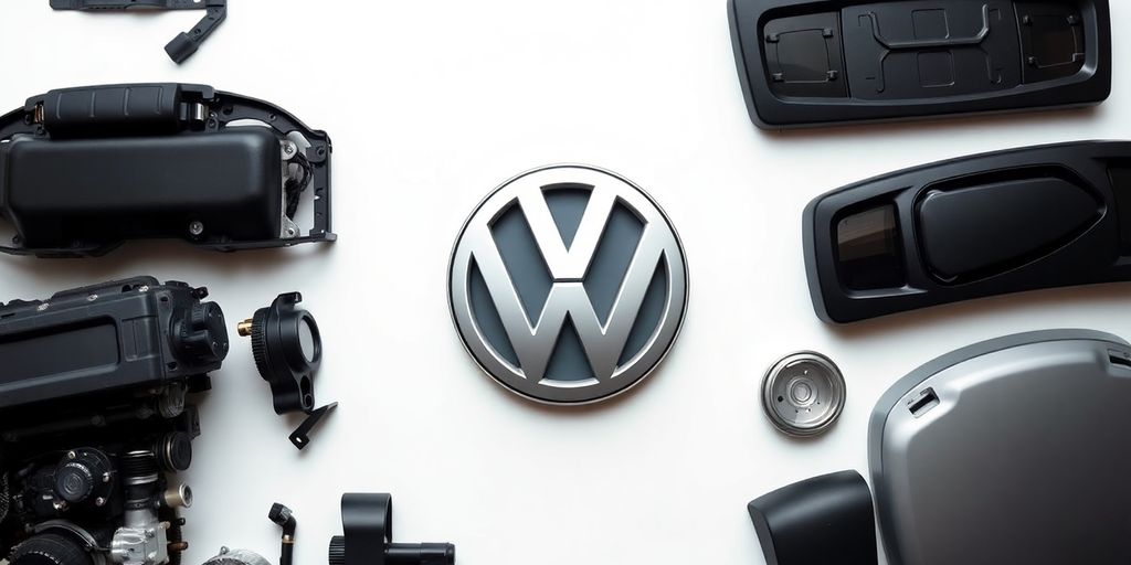 Volkswagen car parts arranged neatly.