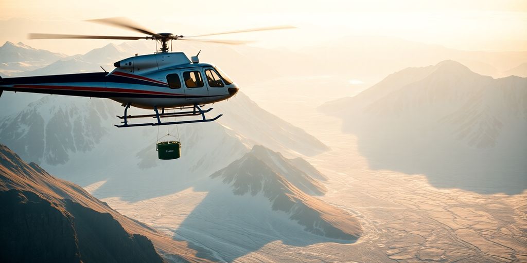 A helicopter with a Bambi bucket flies over Alaskan glaciers.
