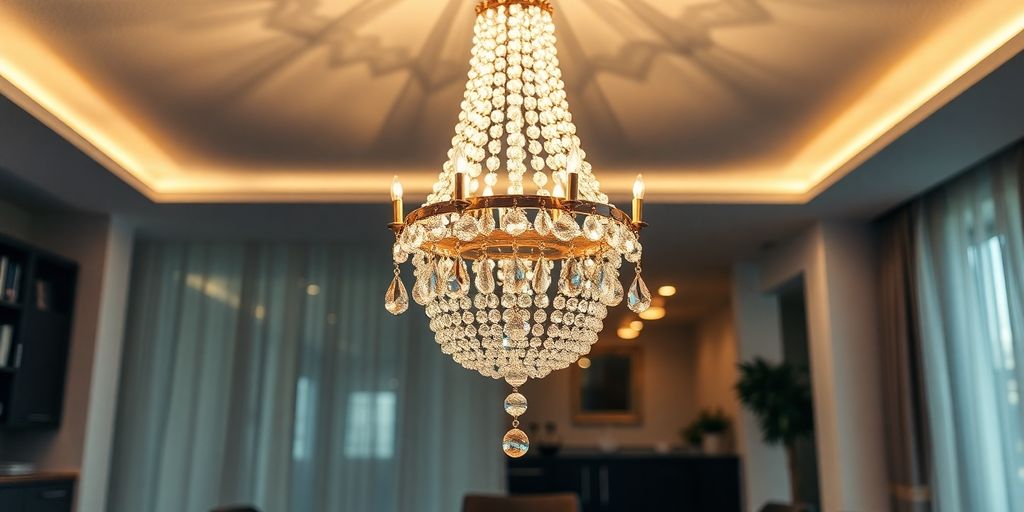 Crystal chandelier illuminating a modern dining room.
