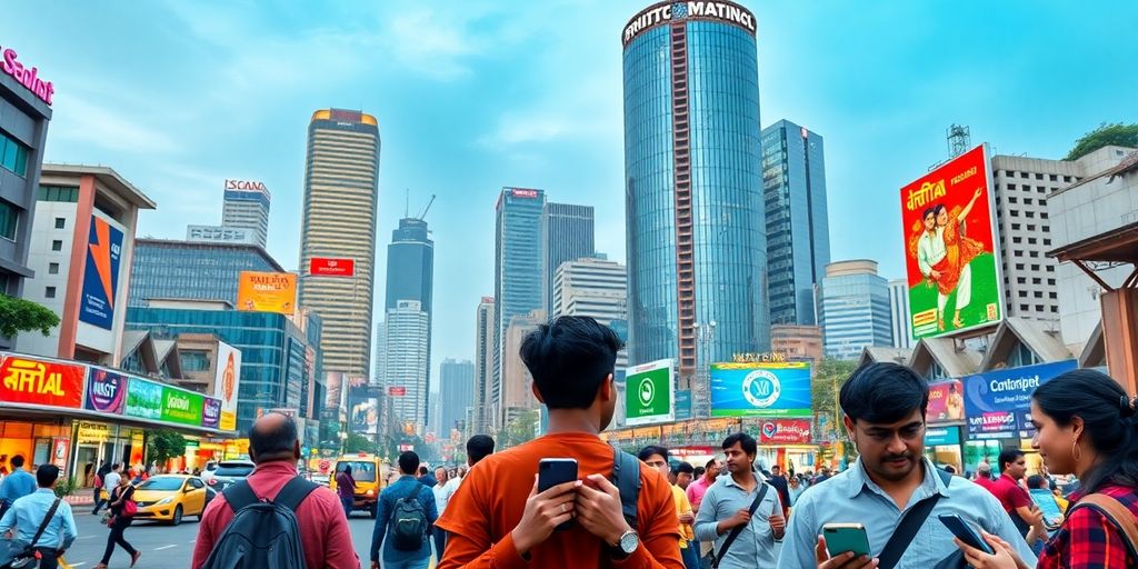 City skyline with people using mobile banking apps.