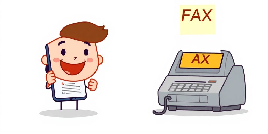 Cartoon hands holding a smartphone with a fax machine crossed out.