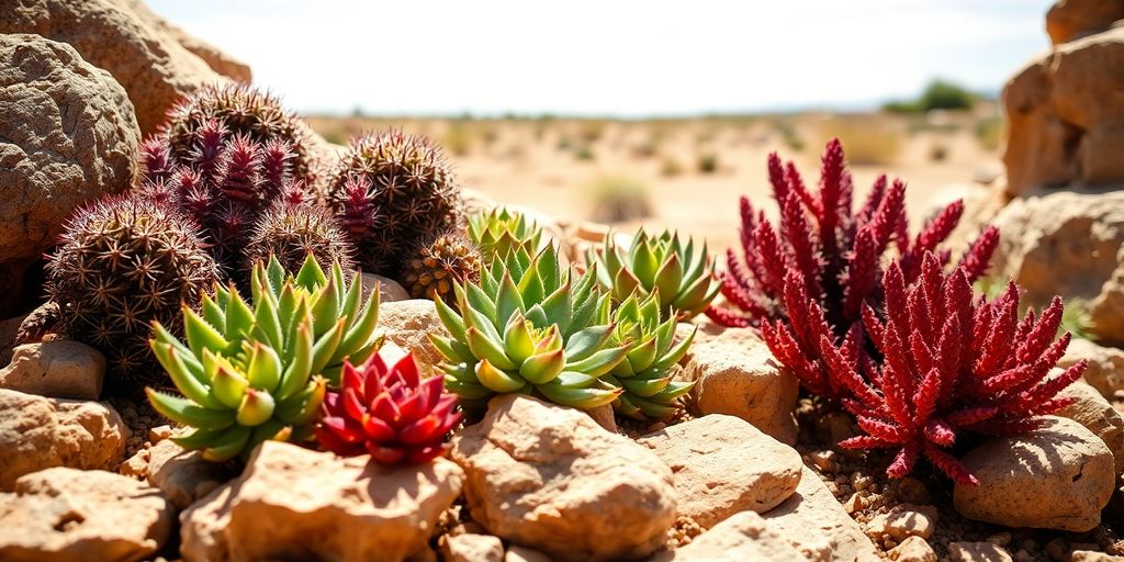 Rocalla desértica con suculentas y cactus.