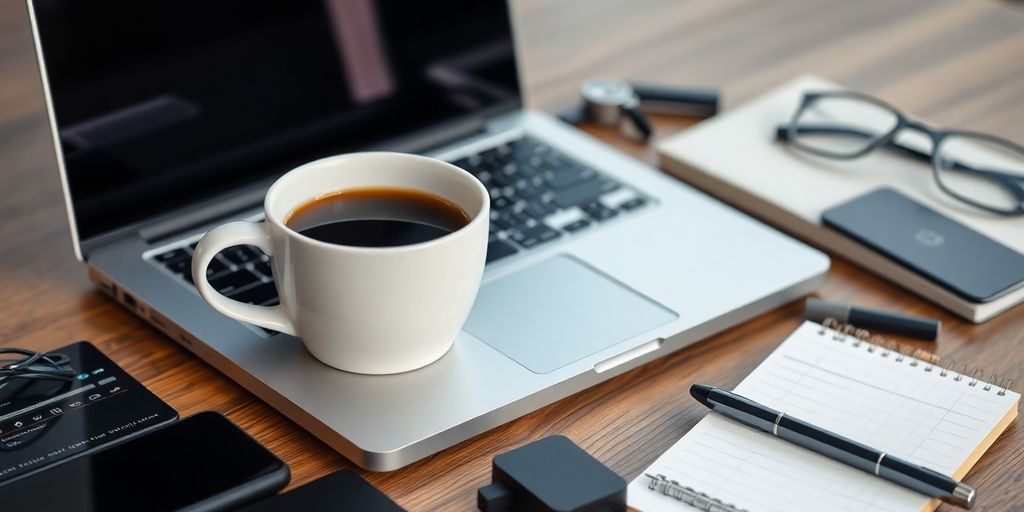 Laptop with coffee cup and tech gadgets on desk.