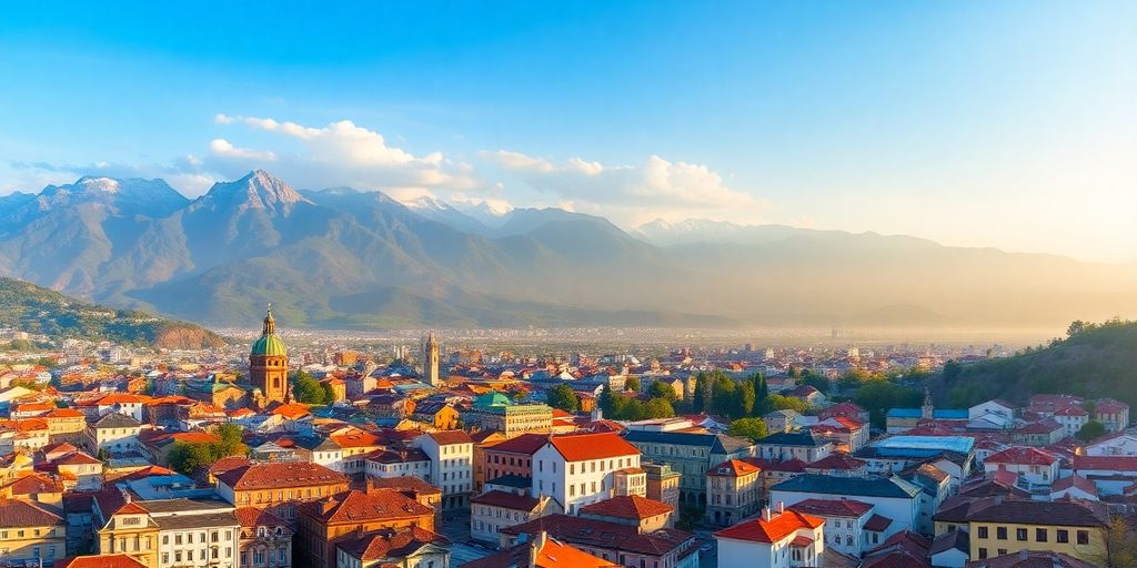 Vibrant Georgian city skyline with rolling hills.