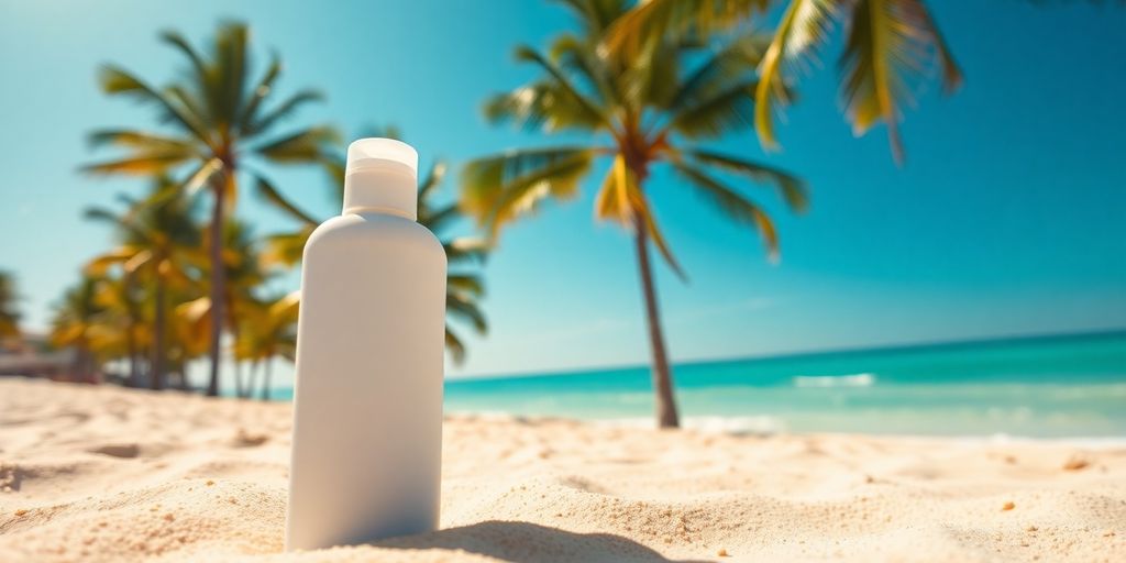 Miami beach with sunscreen bottle and palm tree.