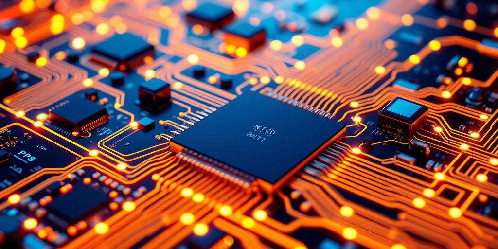 Computer chips and circuits forming a bright maze.