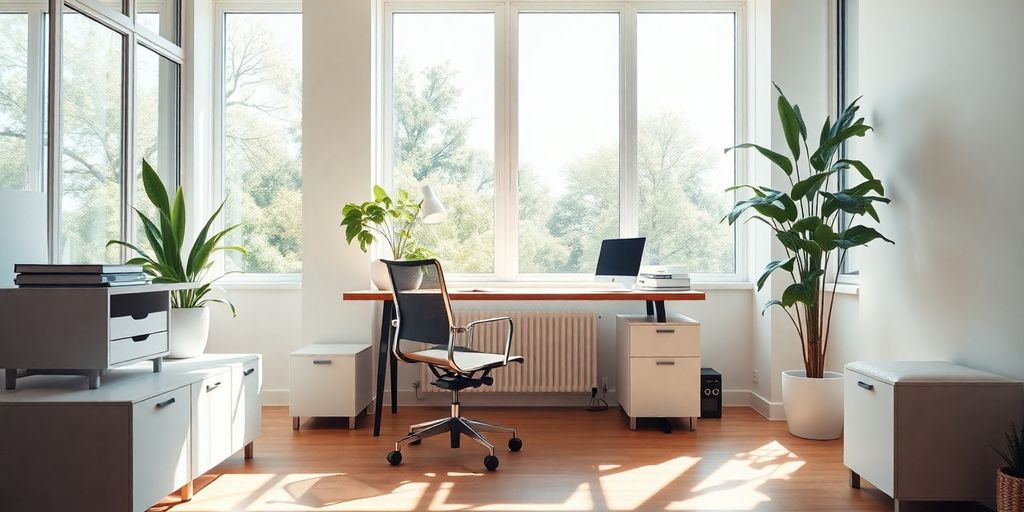 Heller Arbeitsplatz mit Tageslicht und modernen Möbeln.
