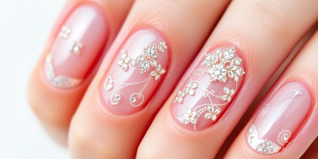 Close-up de unhas de gel decoradas e elegantes.