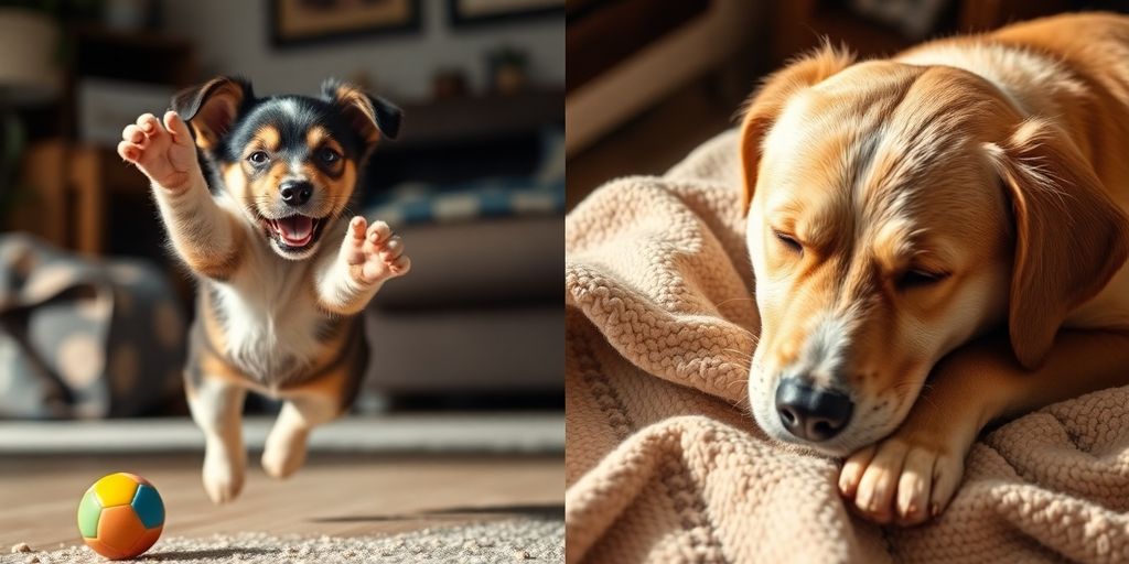 Happy older dog and playful puppy together