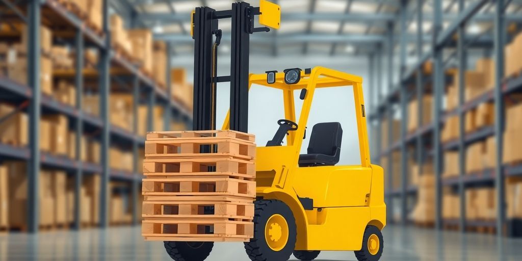 Forklift moving pallets in a busy warehouse.