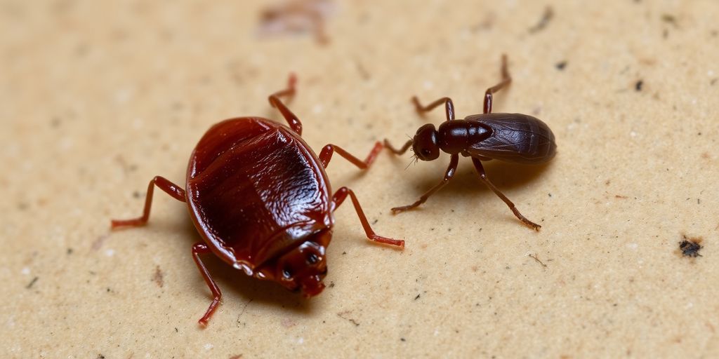 Close-up of a bed bug and a flea.