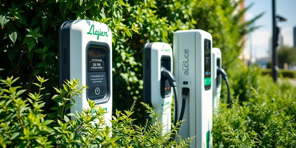 Electric vehicle charging station in a green urban setting.