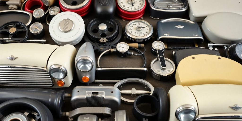 Organized collection of various classic Mini Cooper car parts.