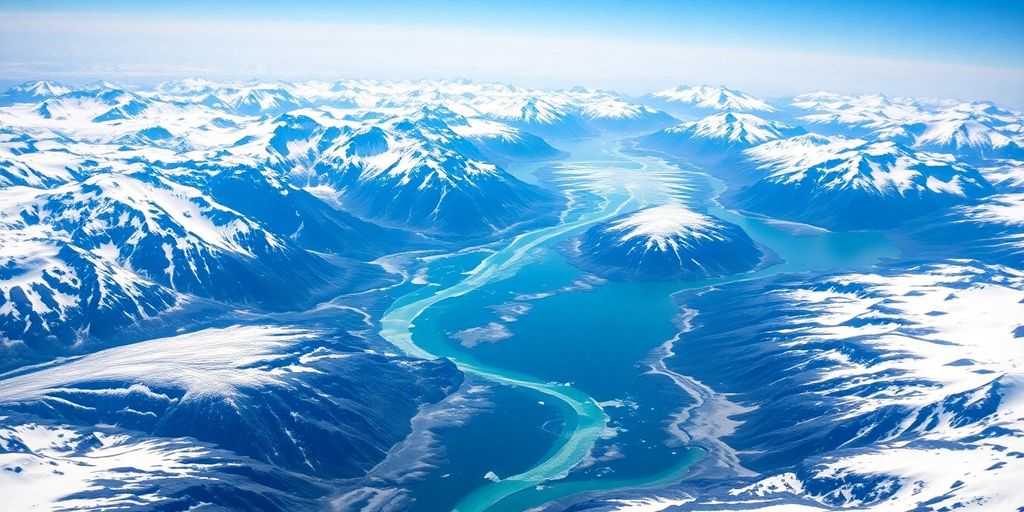 A helicopter flies over snow-capped Alaskan mountains and glaciers.