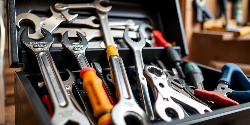 Toolbox with various tools on a workbench.