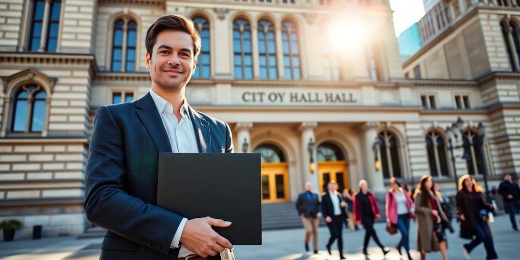 Professional holding folder in front of Milwaukee City Hall façade