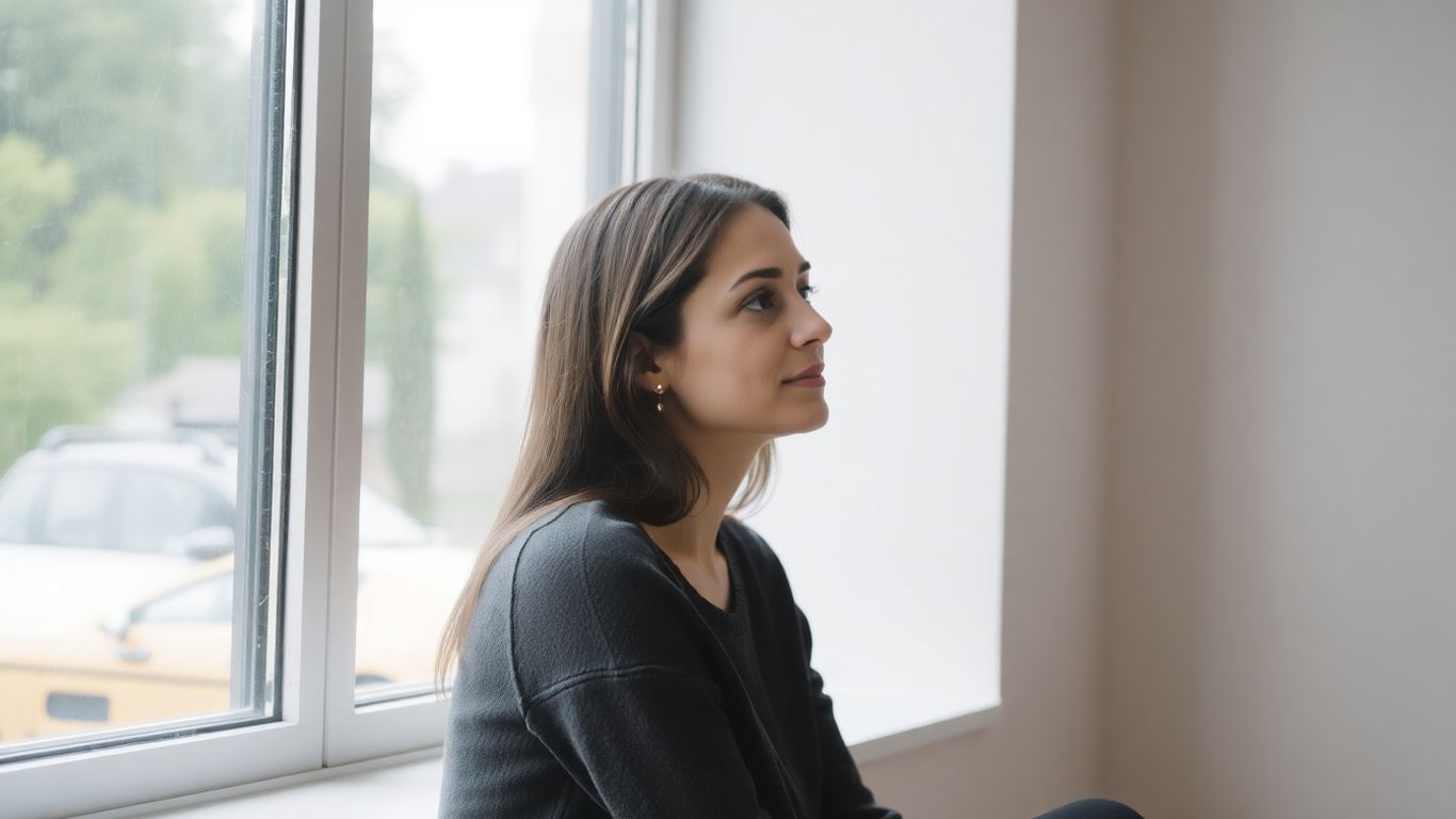 Femme seule regardant par la fenêtre avec sérénité.