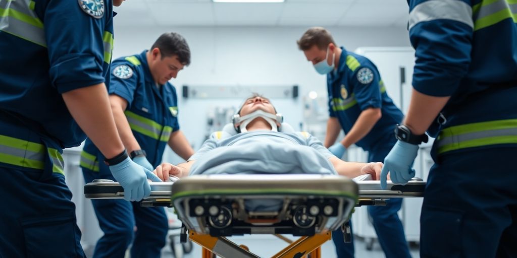 Emergency team moving patient with neck brace.
