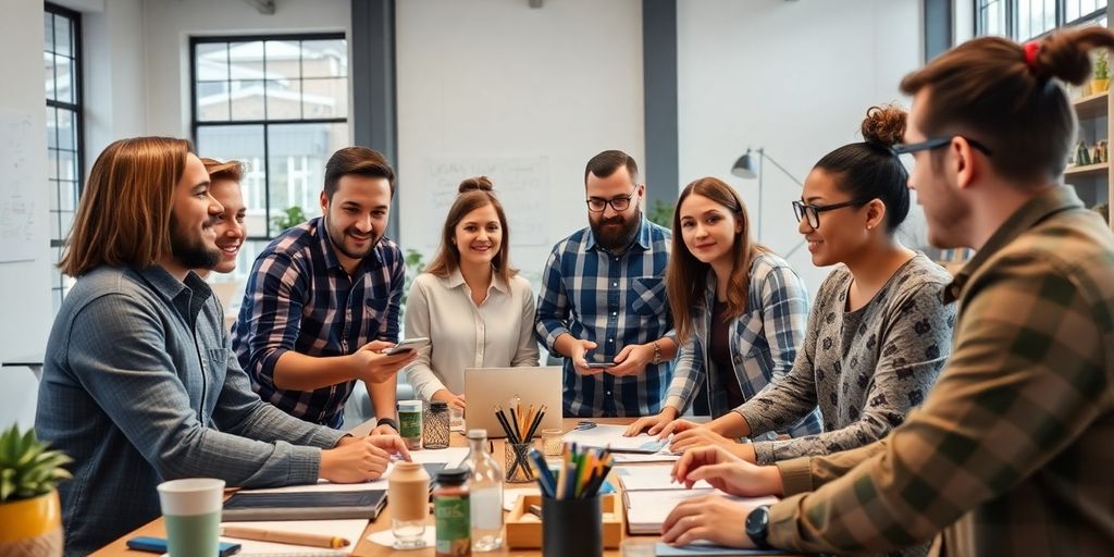 Diverse team collaborating in a modern, innovative workspace.