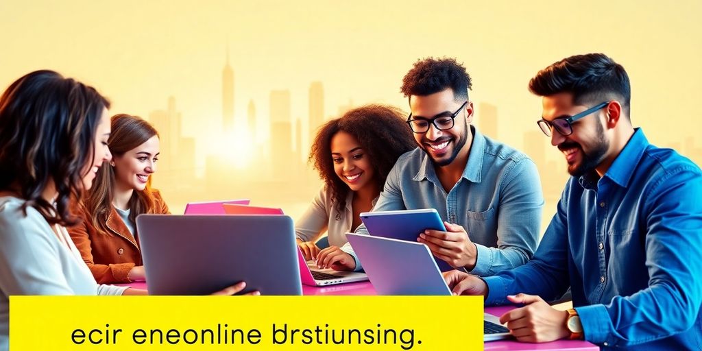 Diverse people engaging in digital marketing with technology.