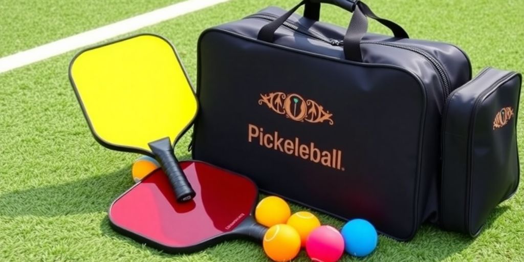 Colorful pickleball gift set with paddles and balls.