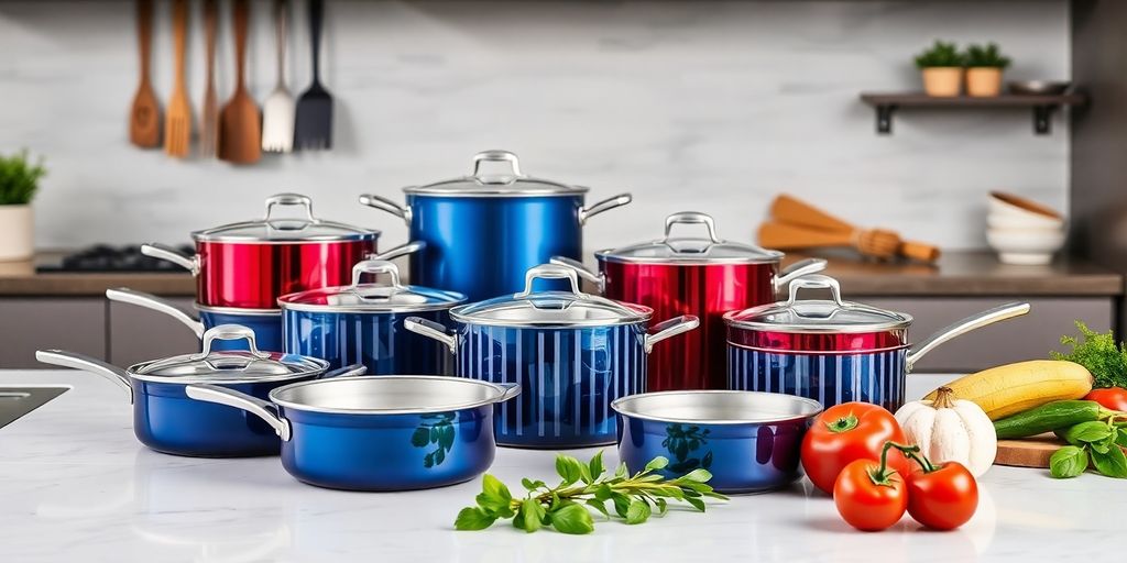 Luxurious cookware set on a kitchen countertop.