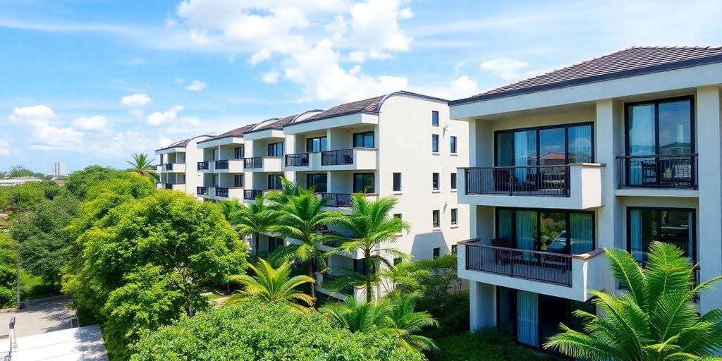 Modern Thailand apartments surrounded by greenery and blue skies.